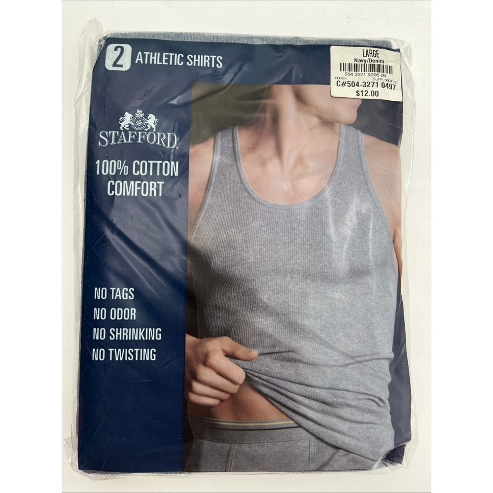 STAFFORD‎ 2 ATHLETIC SHIRTS 100% COTTON COMFORT Large Navy/Denim